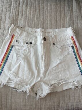 American Eagle Outfitters White Denim Shorts with Rainbow Side Stripes